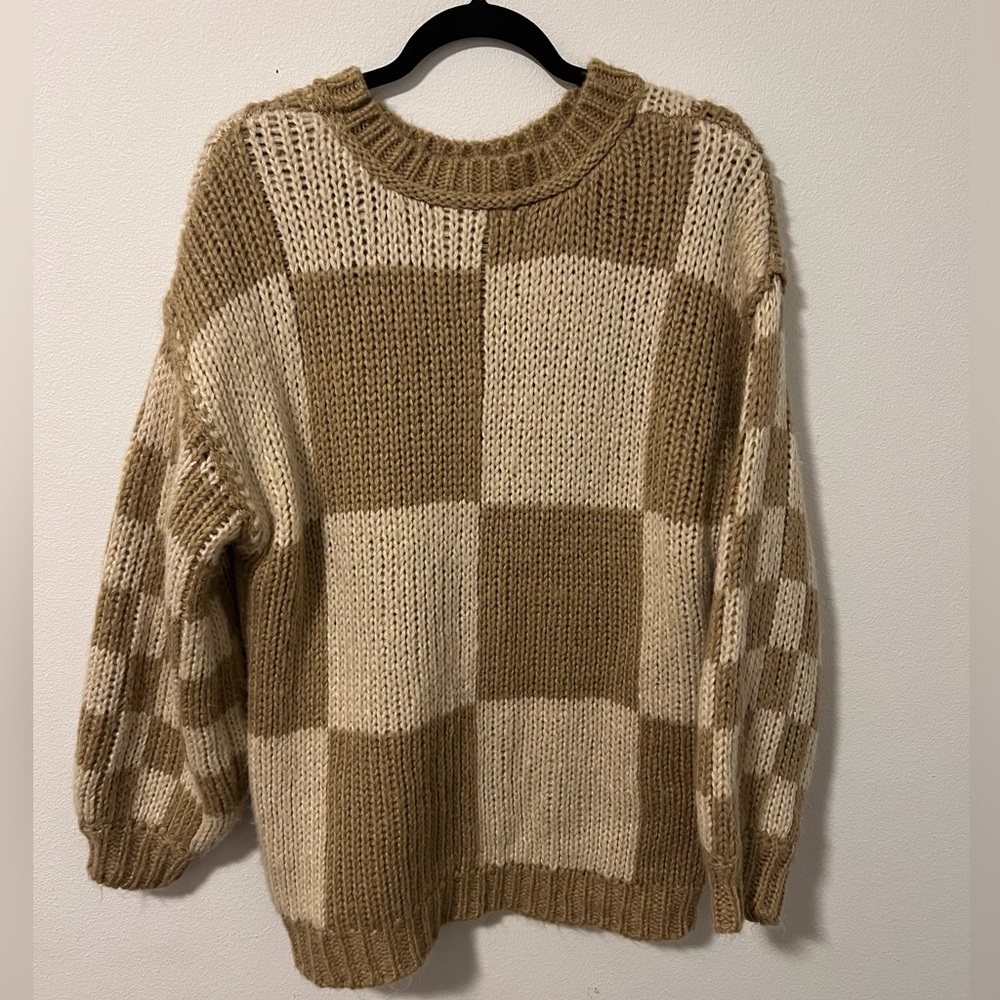 Altar'd State Brown and Cream oversized Checkered Sweater